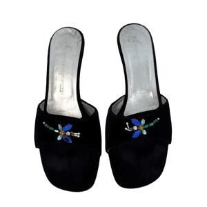 Giuseppe Zanotti Black Velvet Kitten Heels Crystal Dragonfly Slides Sandals 9B